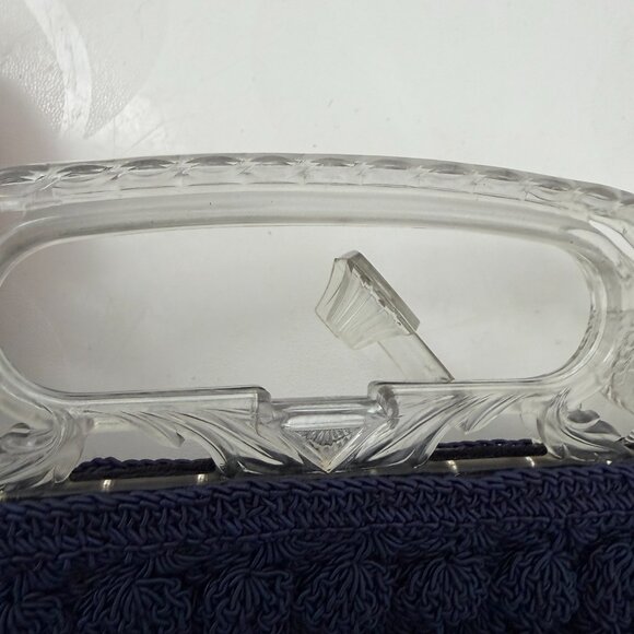 VINTAGE 30s Popcorn Crochet Navy Blue Peacock Handle Evening Bag - Picture 11 of 15